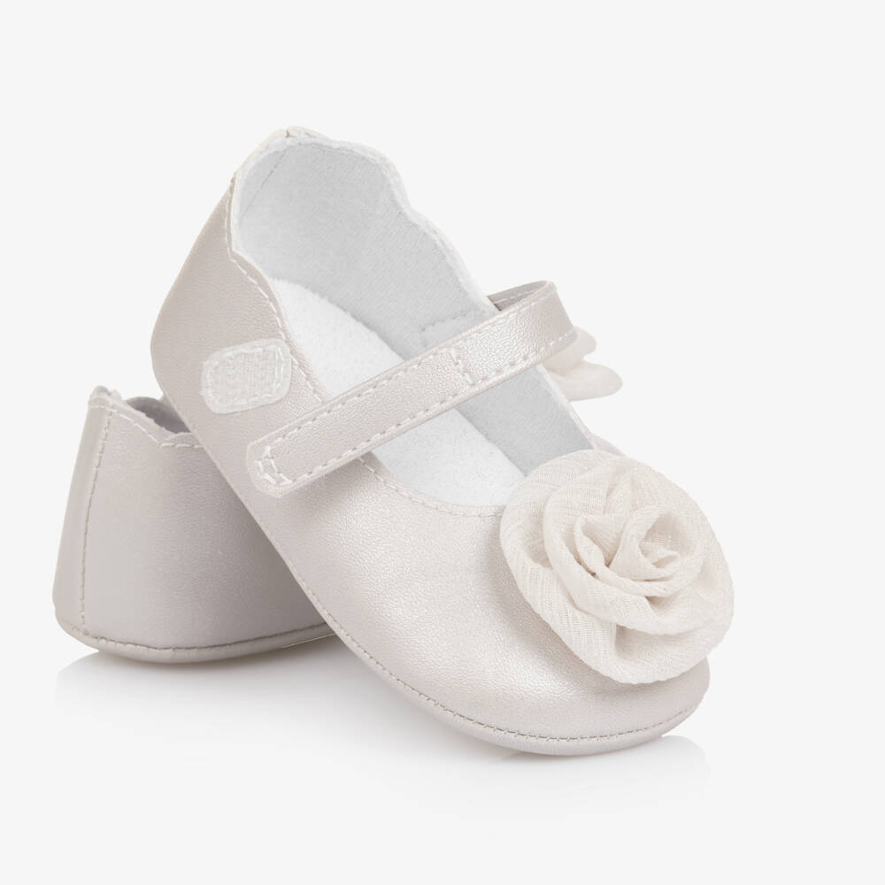 Mayoral Для новорожденных-Baby Girls Shimmery Silver Flower Pre-Walker Shoes | Childrensalon
