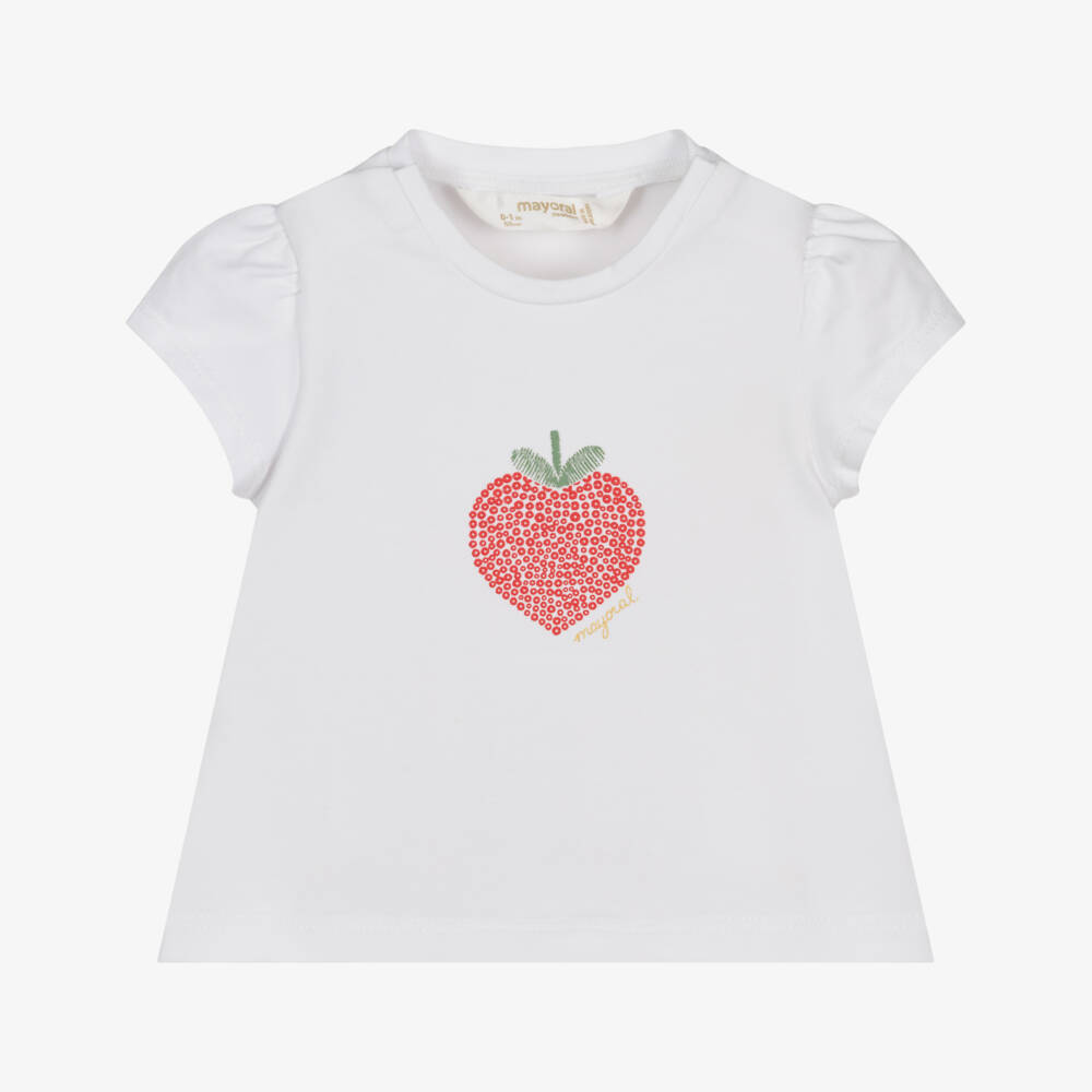 Mayoral Newborn-Baby Girls White Cotton Strawberry Print T-Shirt | Childrensalon