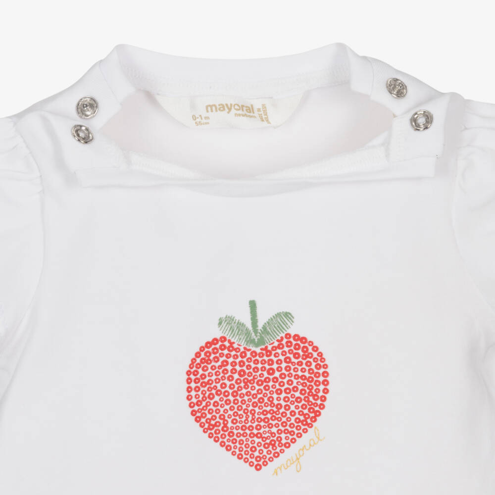 Mayoral Newborn-Baby Girls White Cotton Strawberry Print T-Shirt | Childrensalon