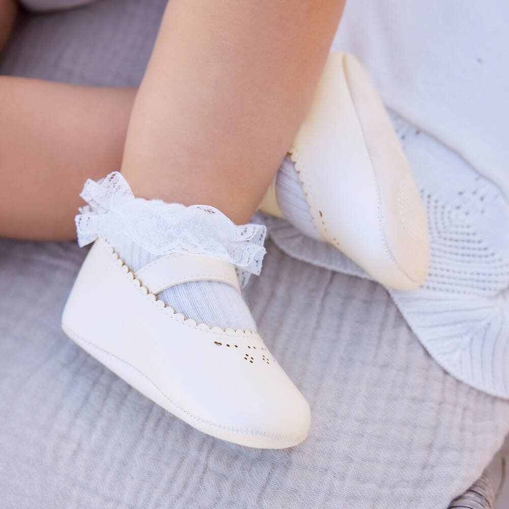 Mayoral Newborn-Baby Girls White Faux Leather Pre-Walker Shoes with Cutwork | Childrensalon