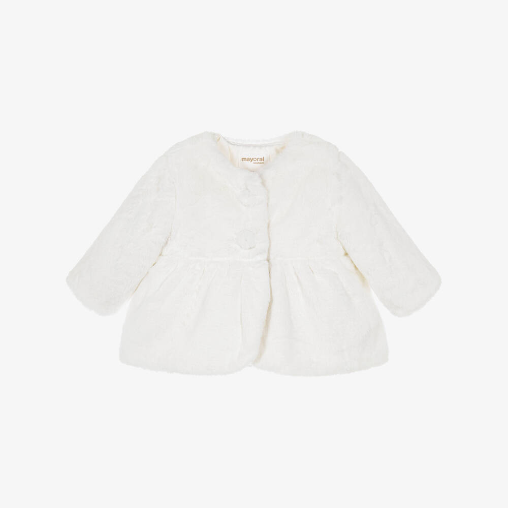 Mayoral Newborn-Baby Girls White Fluffy Coat | Childrensalon