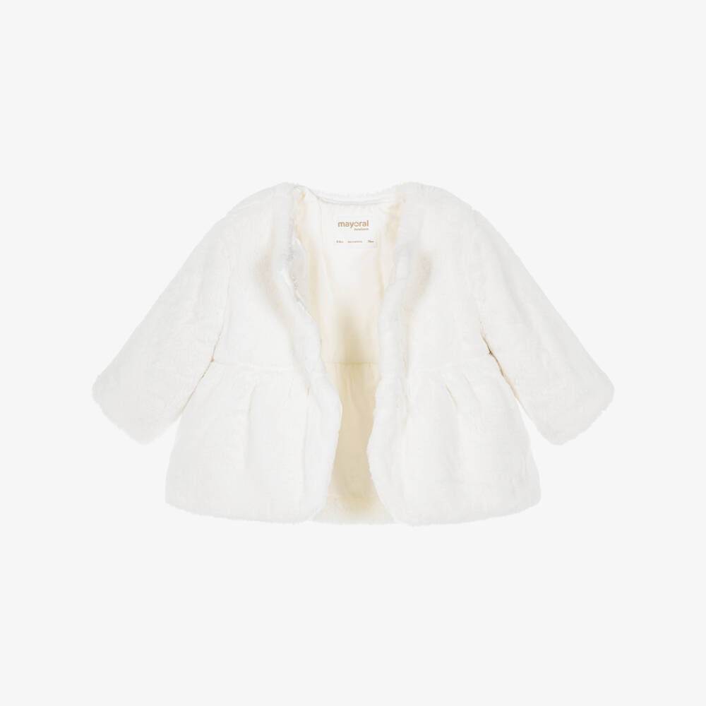 Mayoral Newborn-Baby Girls White Fluffy Coat | Childrensalon