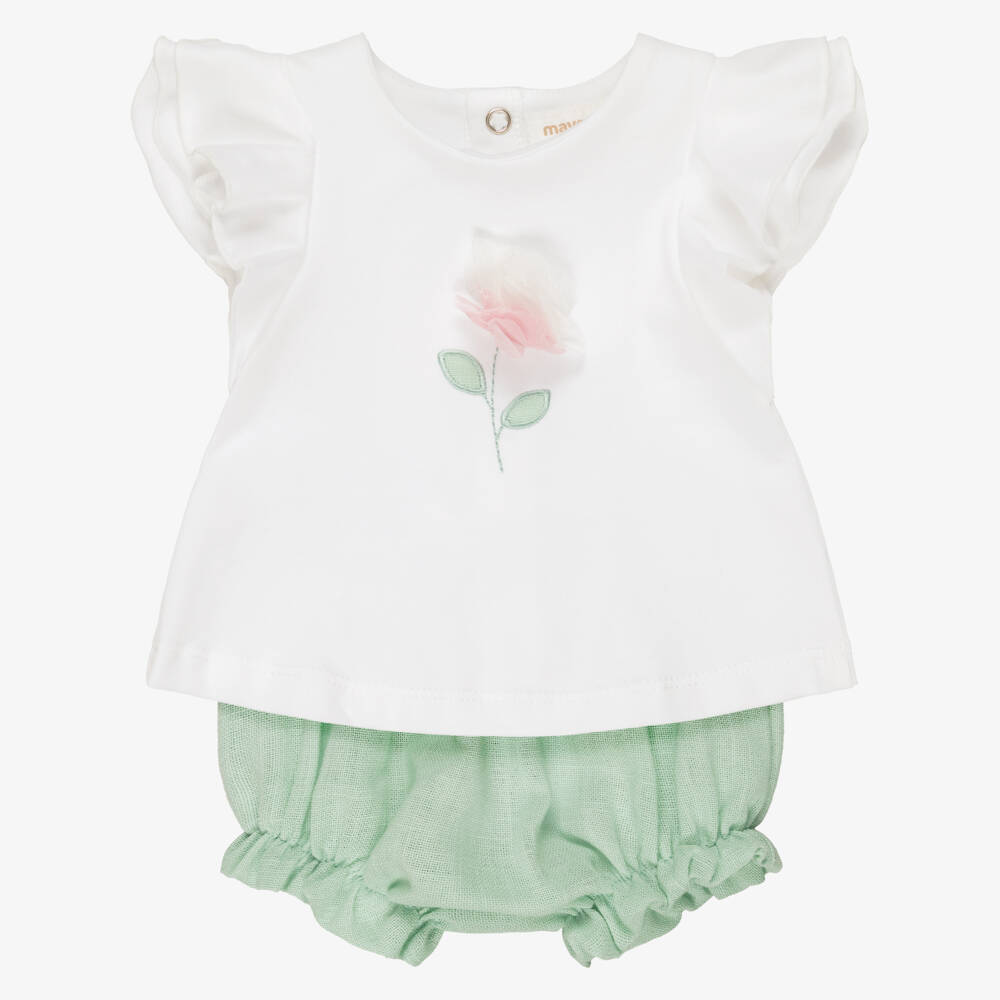 Mayoral Для новорожденных-Baby Girls White & Green Flower Shorts Set | Childrensalon