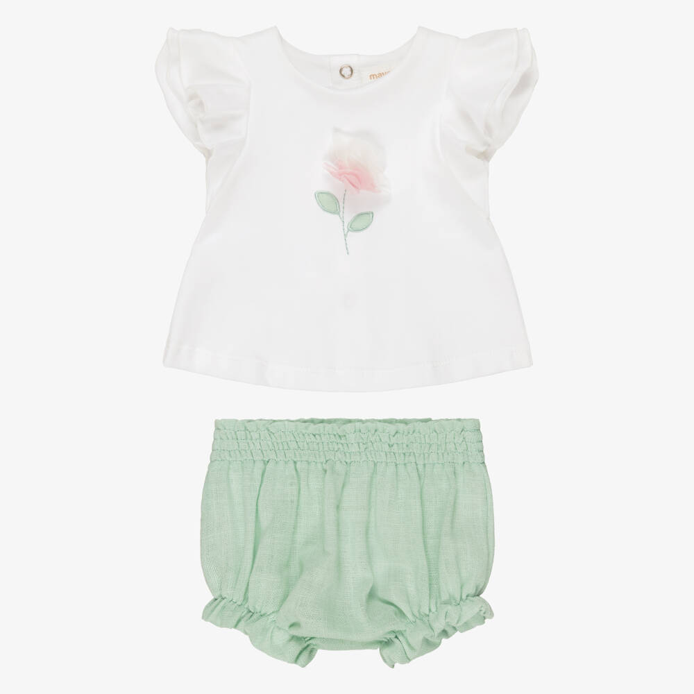 Mayoral Для новорожденных-Baby Girls White & Green Flower Shorts Set | Childrensalon