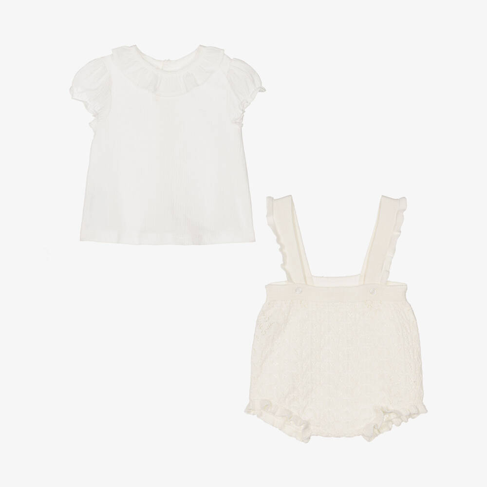 Mayoral Для новорожденных-Baby Girls White & Ivory Cotton Knit Shorts Set | Childrensalon