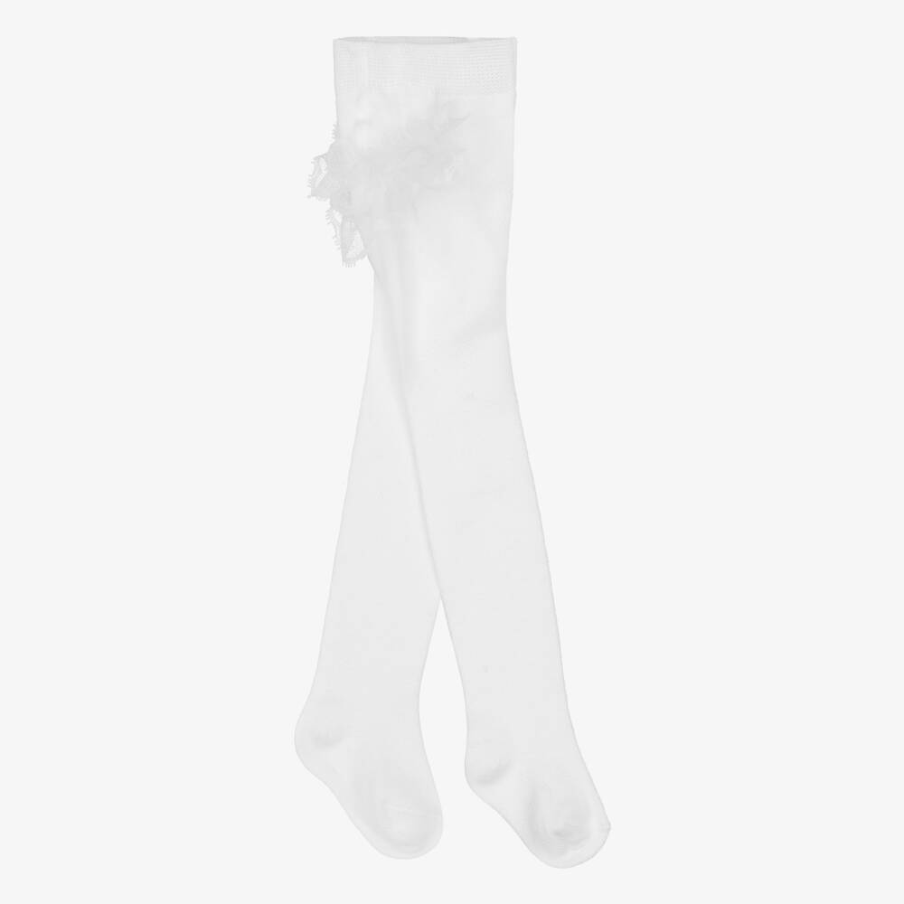 Mayoral Newborn-Baby Girls White Knitted Tights with Lace Ruffles | Childrensalon