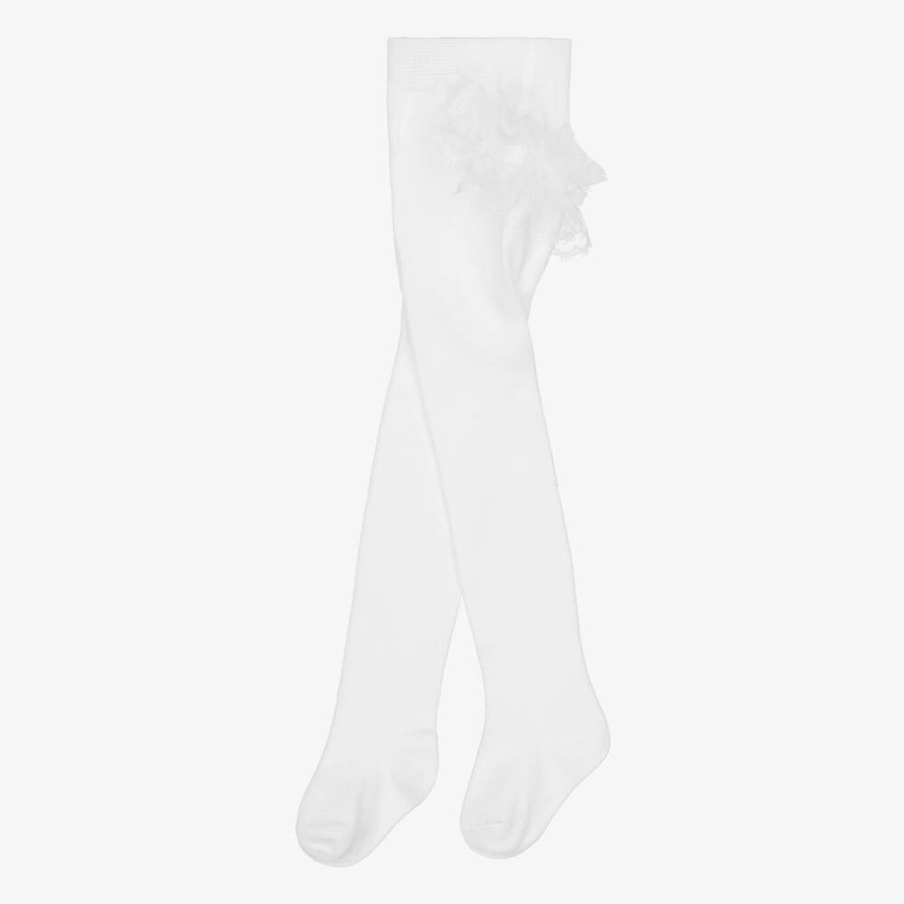 Mayoral Newborn-Baby Girls White Knitted Tights with Lace Ruffles | Childrensalon