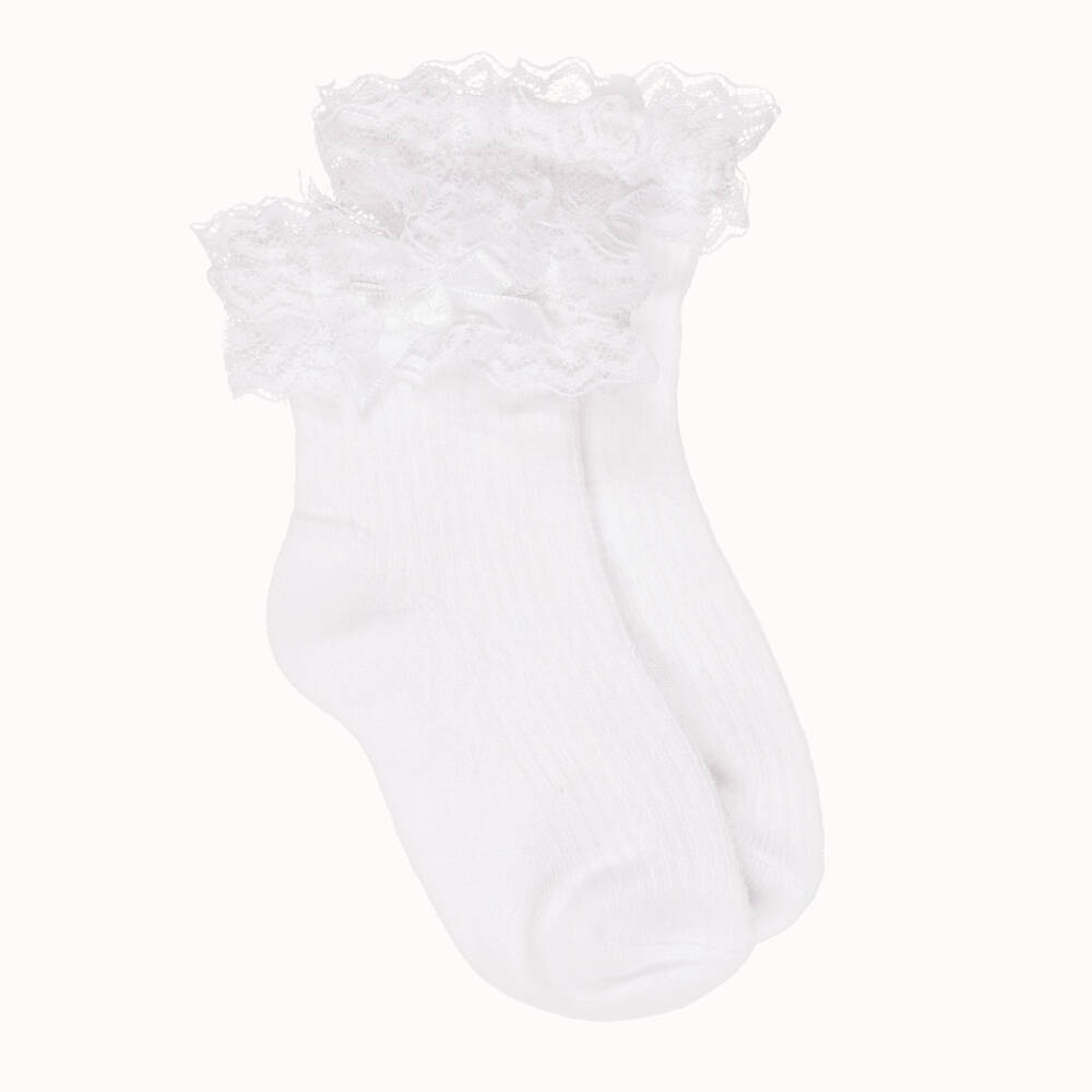 Mayoral Newborn-Baby Girls White Ribbed Socks with Lace Trim | Childrensalon