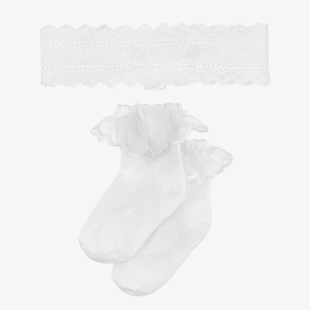 Mayoral Newborn-Baby Girls White Socks & Lace Headband Set | Childrensalon