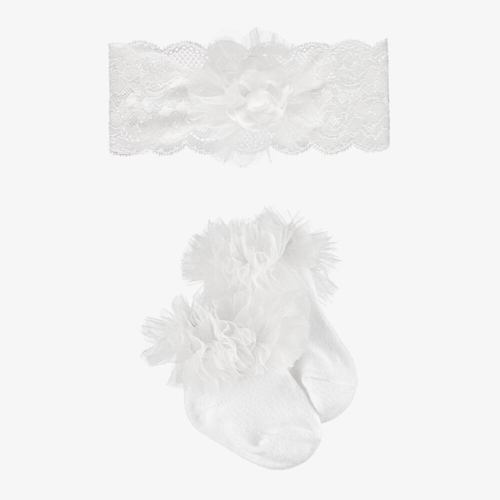 Mayoral Для новорожденных-Baby Girls White Socks & Lace Headband Set | Childrensalon