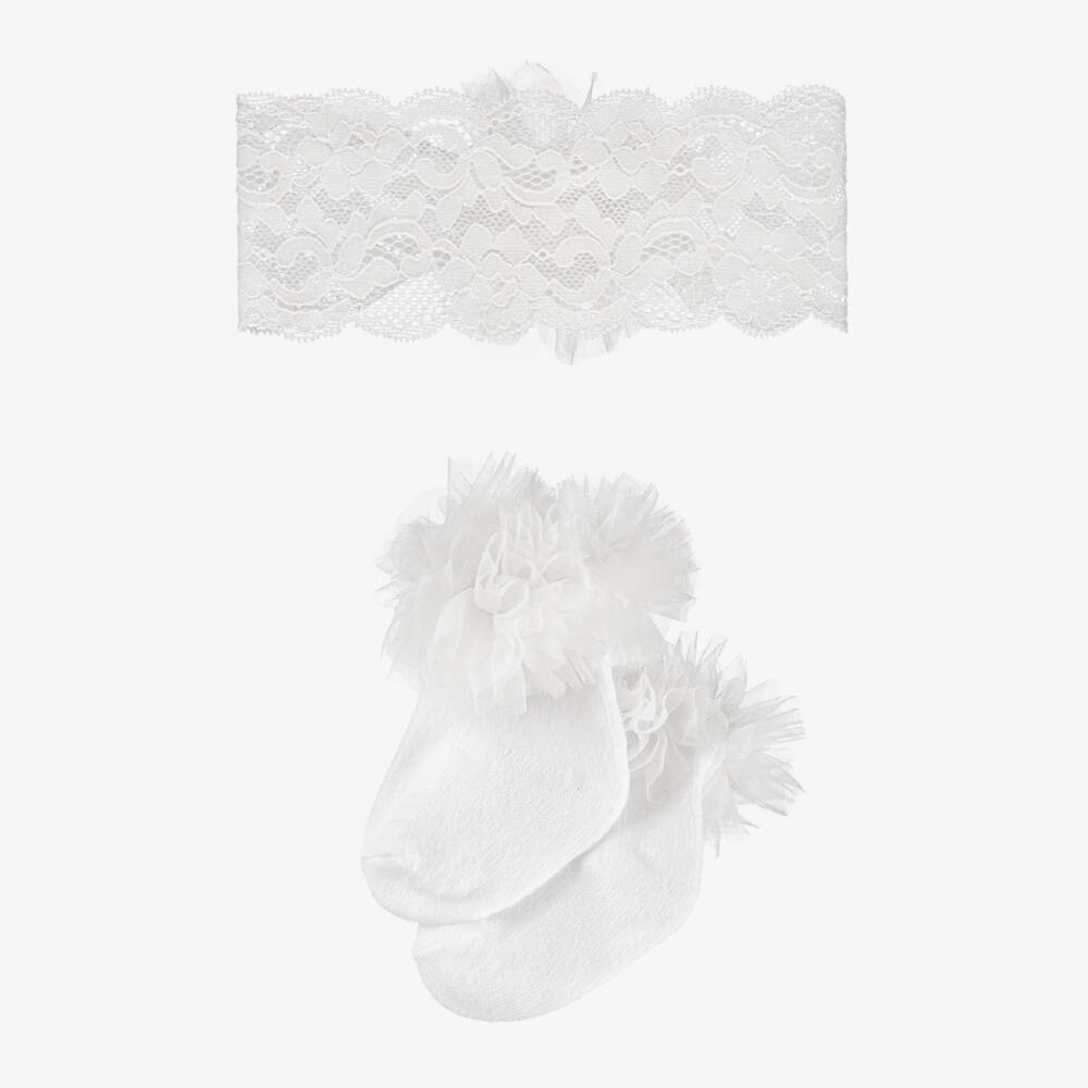 Mayoral Для новорожденных-Baby Girls White Socks & Lace Headband Set | Childrensalon