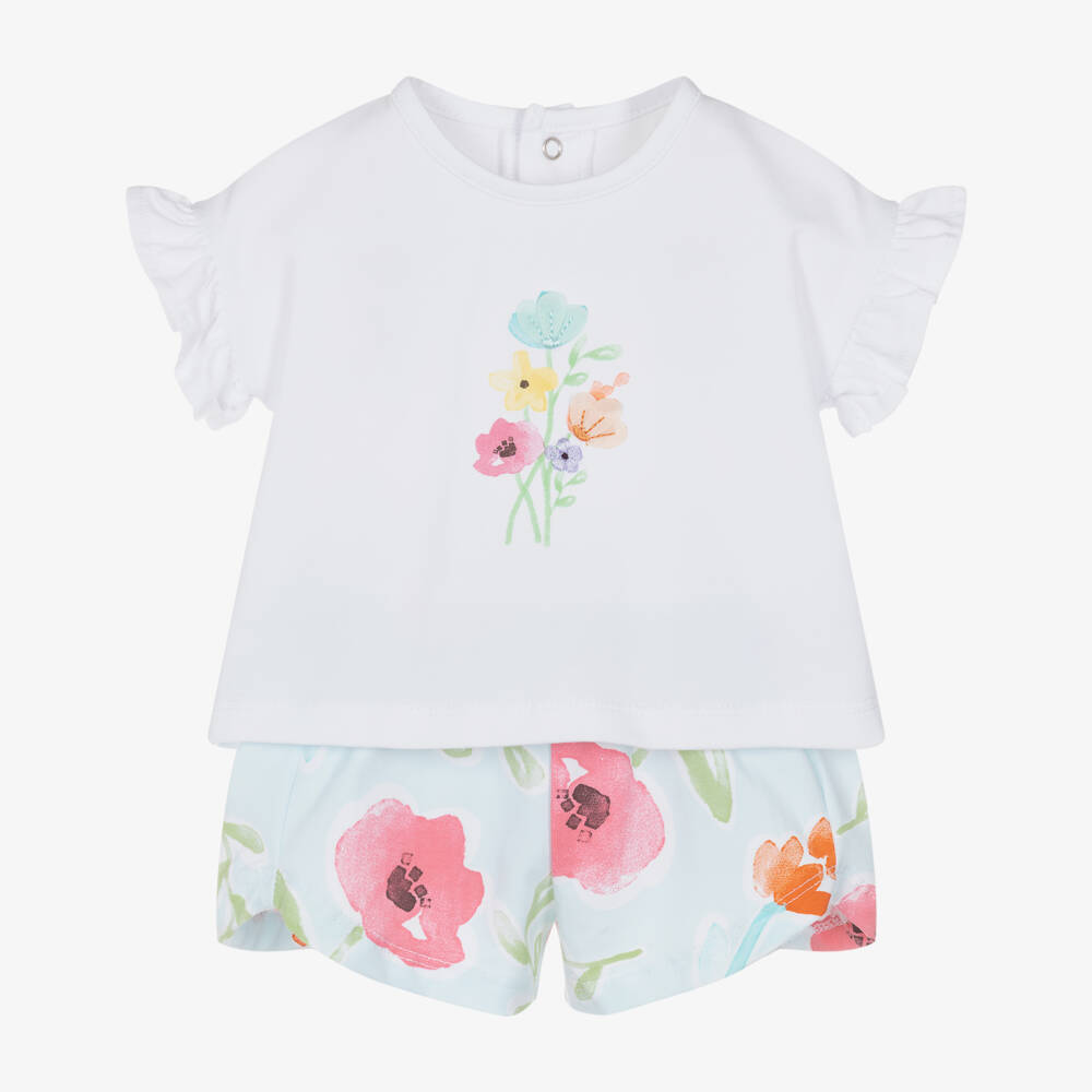 Mayoral Newborn-Baby Girls White Top & Blue Cotton Shorts with Floral Print | Childrensalon