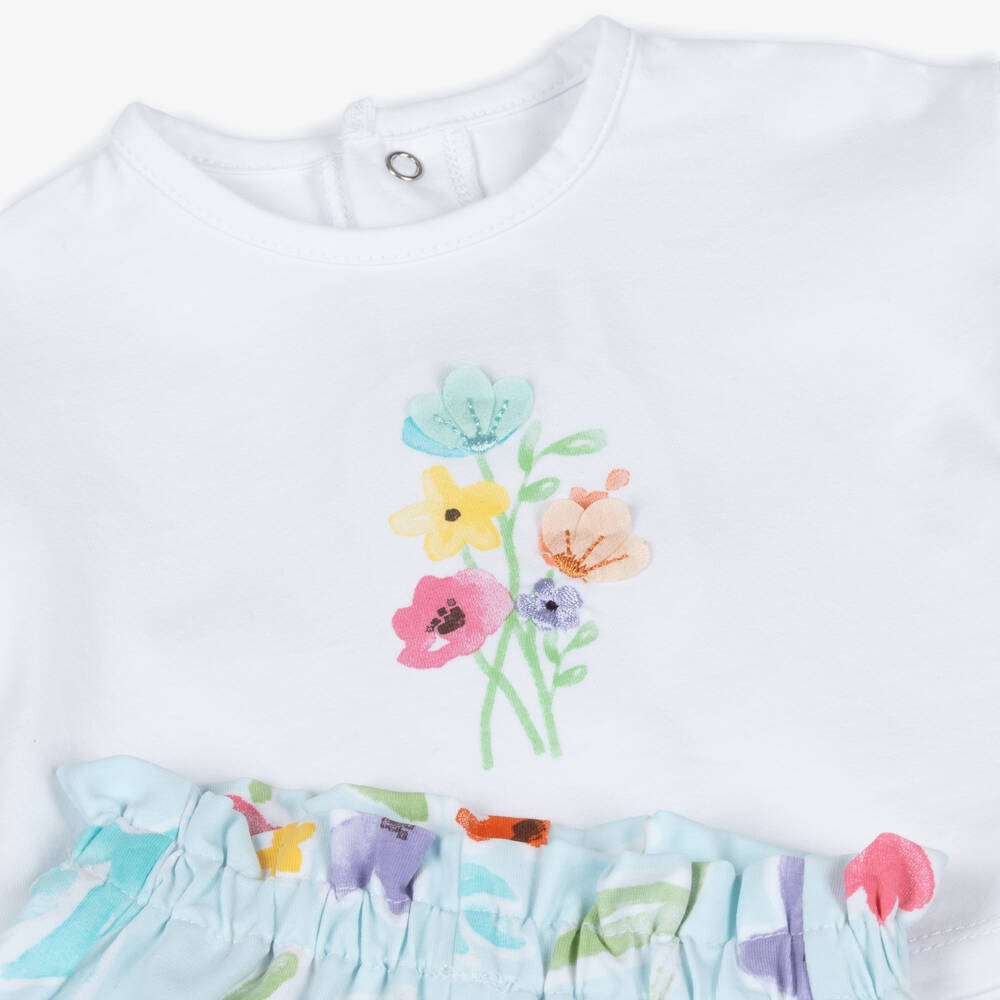Mayoral Newborn-Baby Girls White Top & Blue Cotton Shorts with Floral Print | Childrensalon