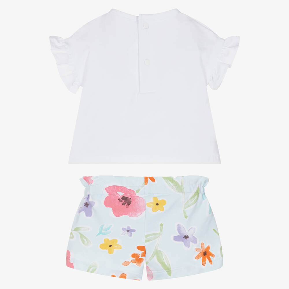 Mayoral Newborn-Baby Girls White Top & Blue Cotton Shorts with Floral Print | Childrensalon