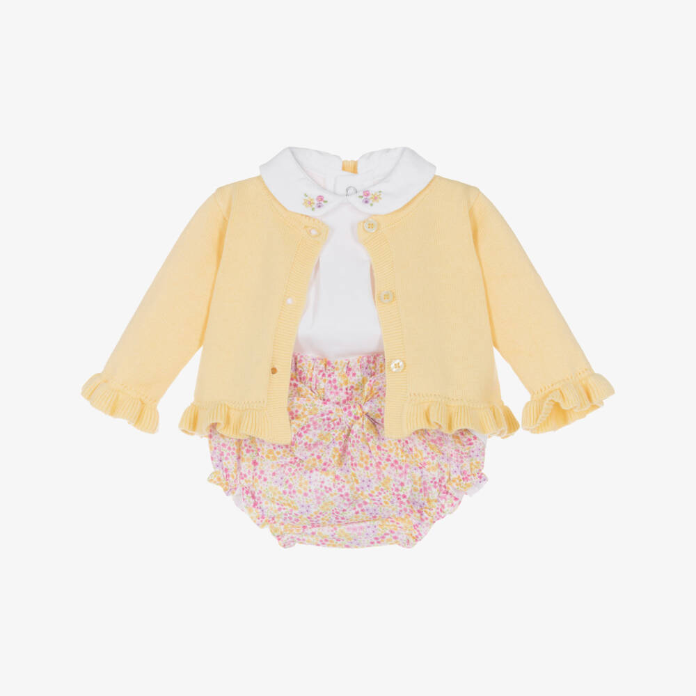 Mayoral Newborn-Baby Girls Yellow & Pink Cotton Shorts Set with Floral Print | Childrensalon