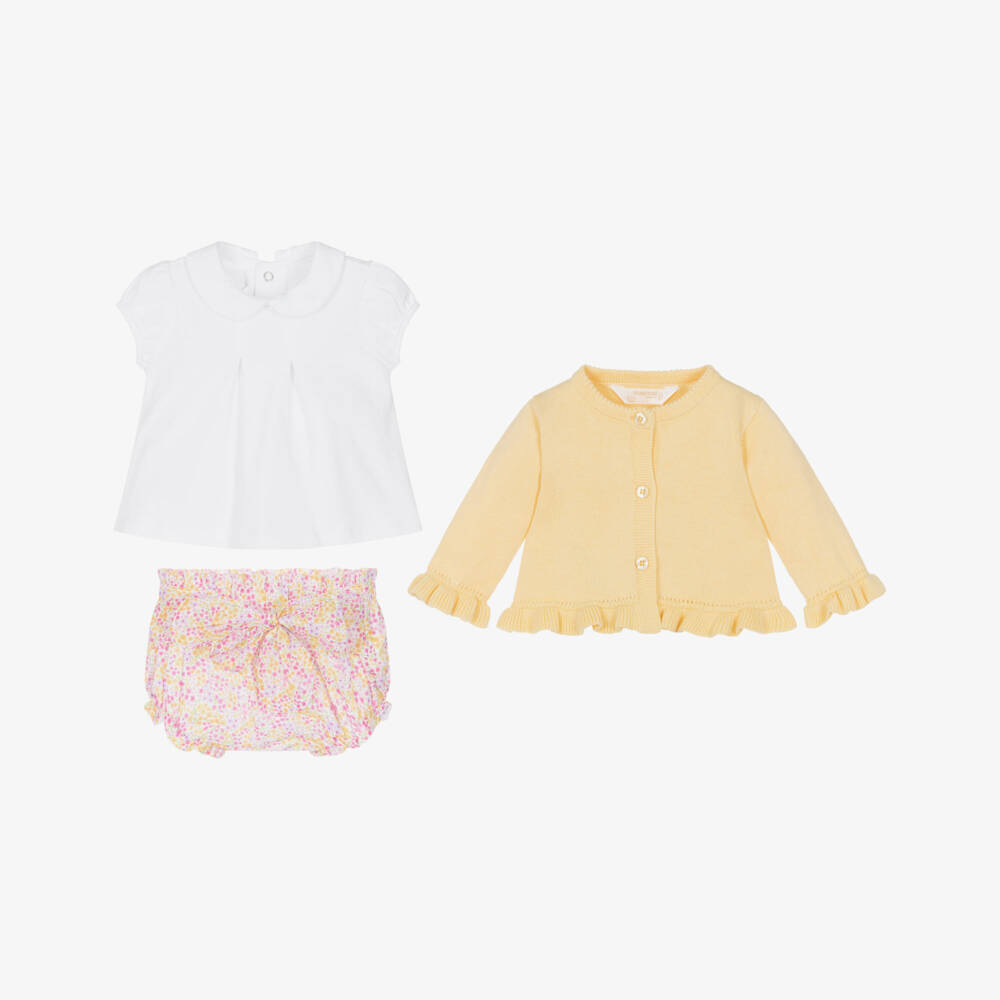 Mayoral Newborn-Baby Girls Yellow & Pink Cotton Shorts Set with Floral Print | Childrensalon