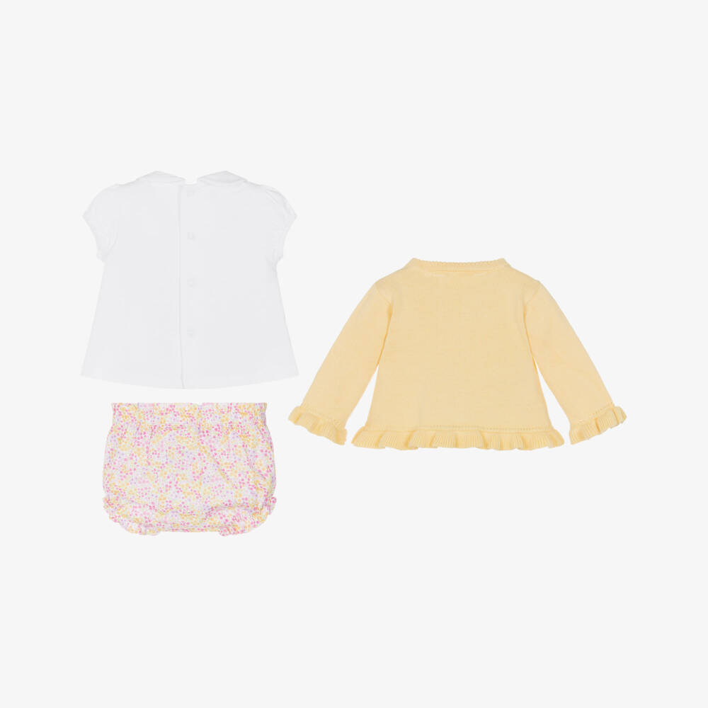 Mayoral Newborn-Baby Girls Yellow & Pink Cotton Shorts Set with Floral Print | Childrensalon