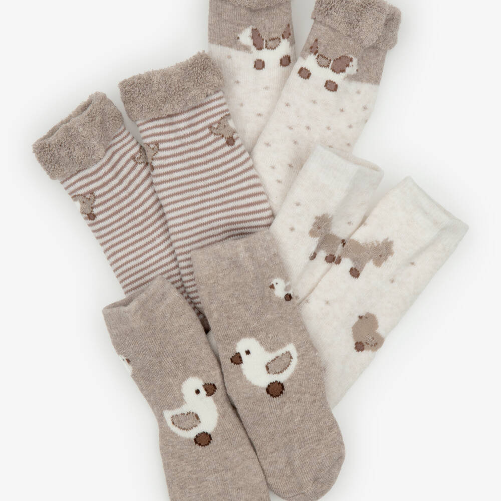Mayoral Newborn-Beige Baby Socks with Animal Motifs (4 Pack) | Childrensalon