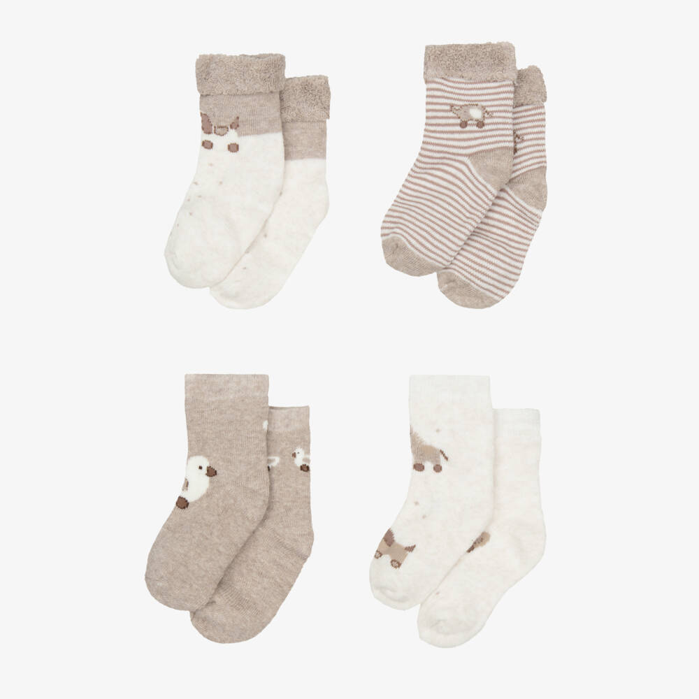 Mayoral Newborn-Beige Baby Socks with Animal Motifs (4 Pack) | Childrensalon