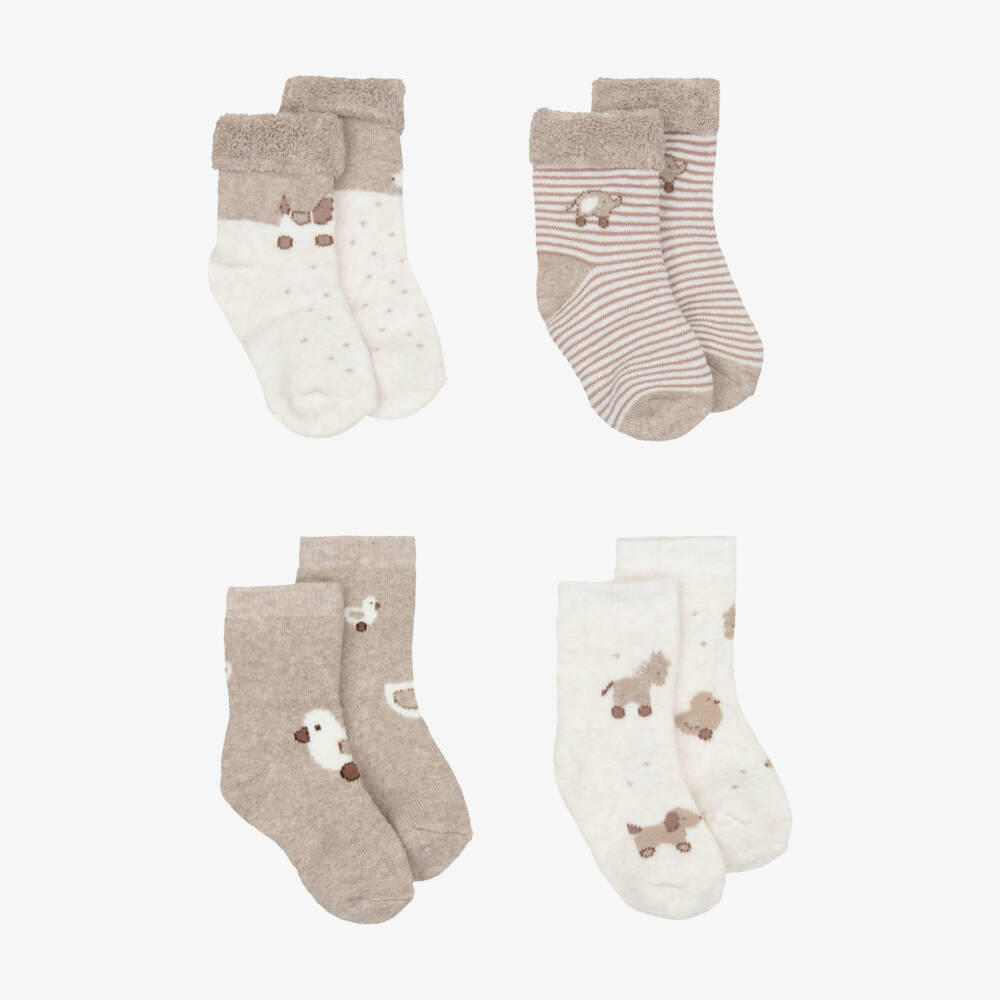 Mayoral Newborn-Beige Baby Socks with Animal Motifs (4 Pack) | Childrensalon