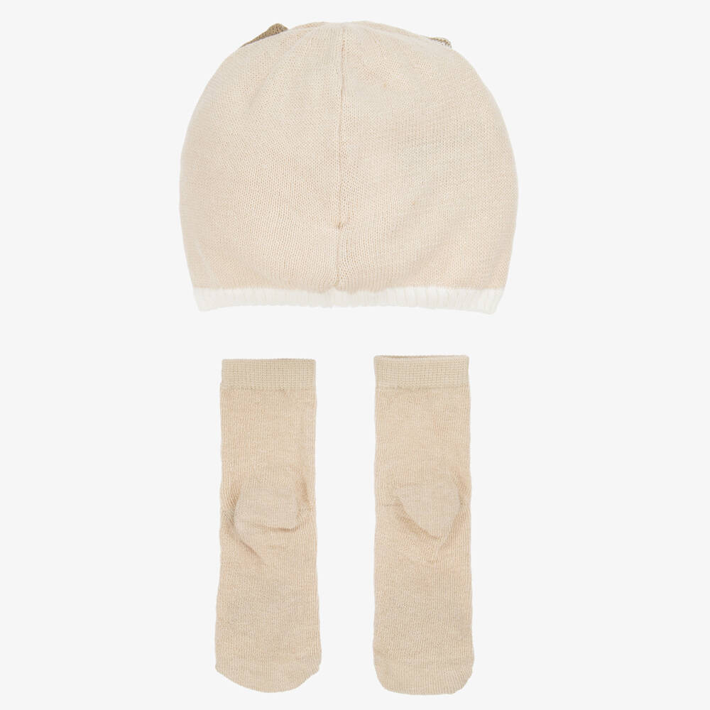 Mayoral Newborn-Beige Bear Baby Hat & Socks Set | Childrensalon
