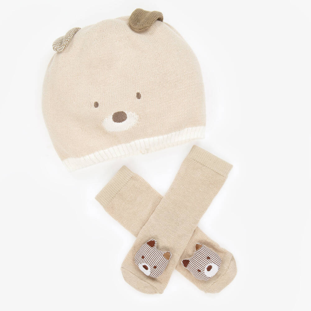 Mayoral Newborn-Beige Bear Baby Hat & Socks Set | Childrensalon