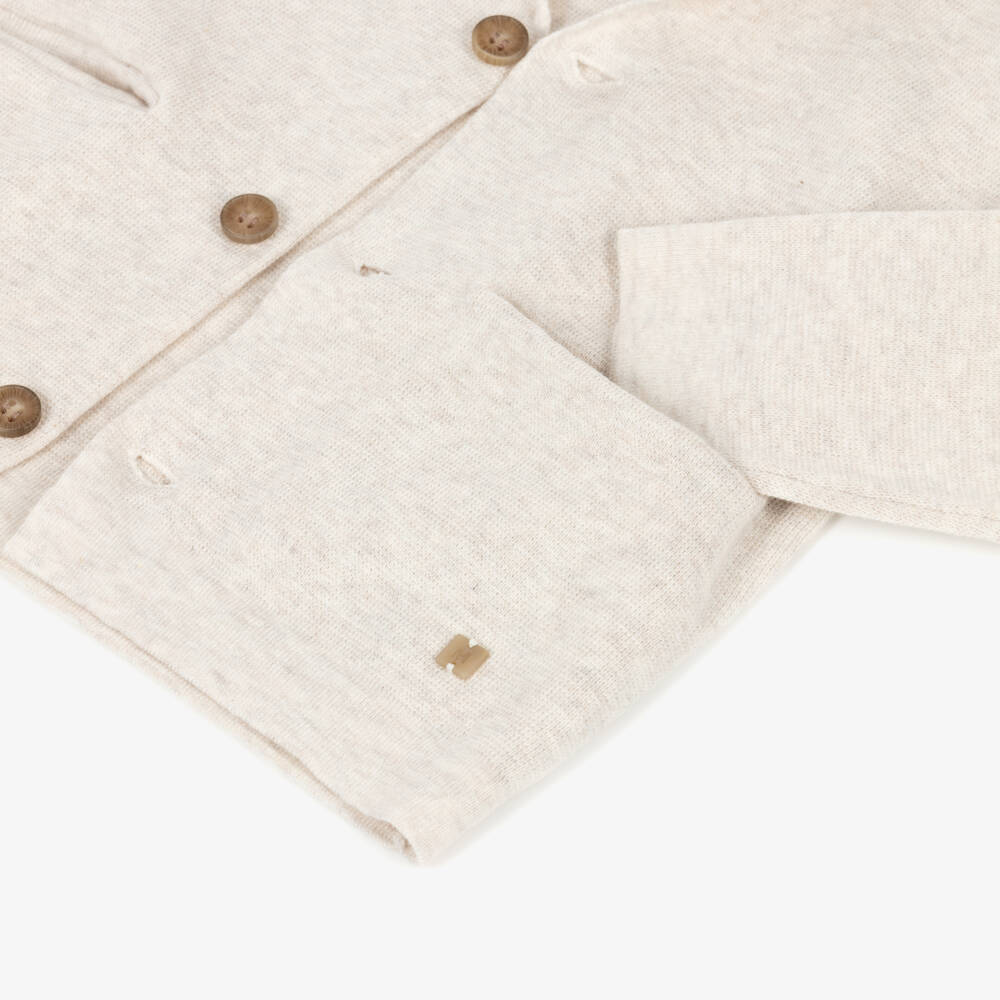 Mayoral-Boys Beige Cotton Knit Cardigan with Notched Lapel | Childrensalon