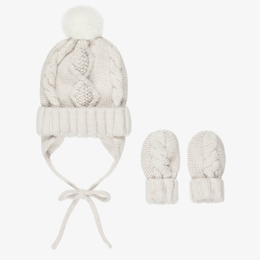 Mayoral Для новорожденных-Beige Cable Knit Baby Hat & Mittens Set | Childrensalon