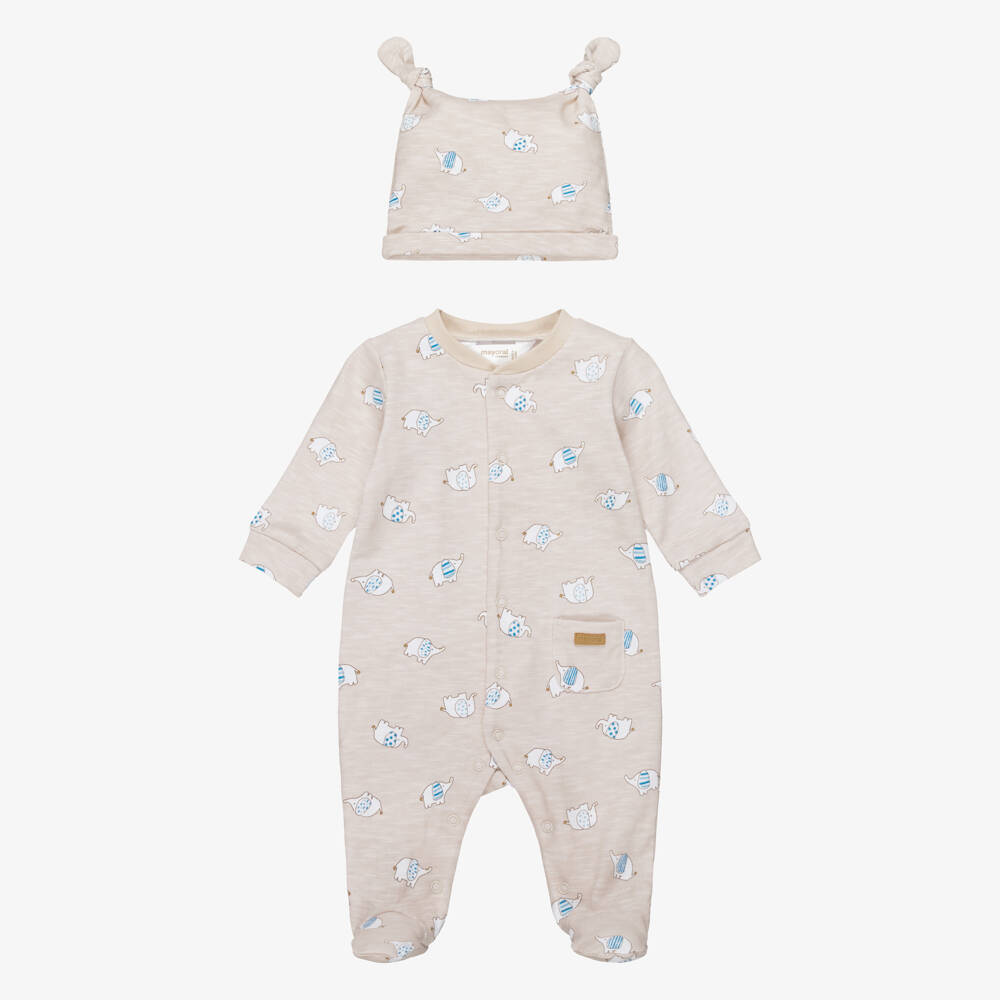 Mayoral Newborn-طقم أفارول بطبعة فيل قطن لون بيج | Childrensalon