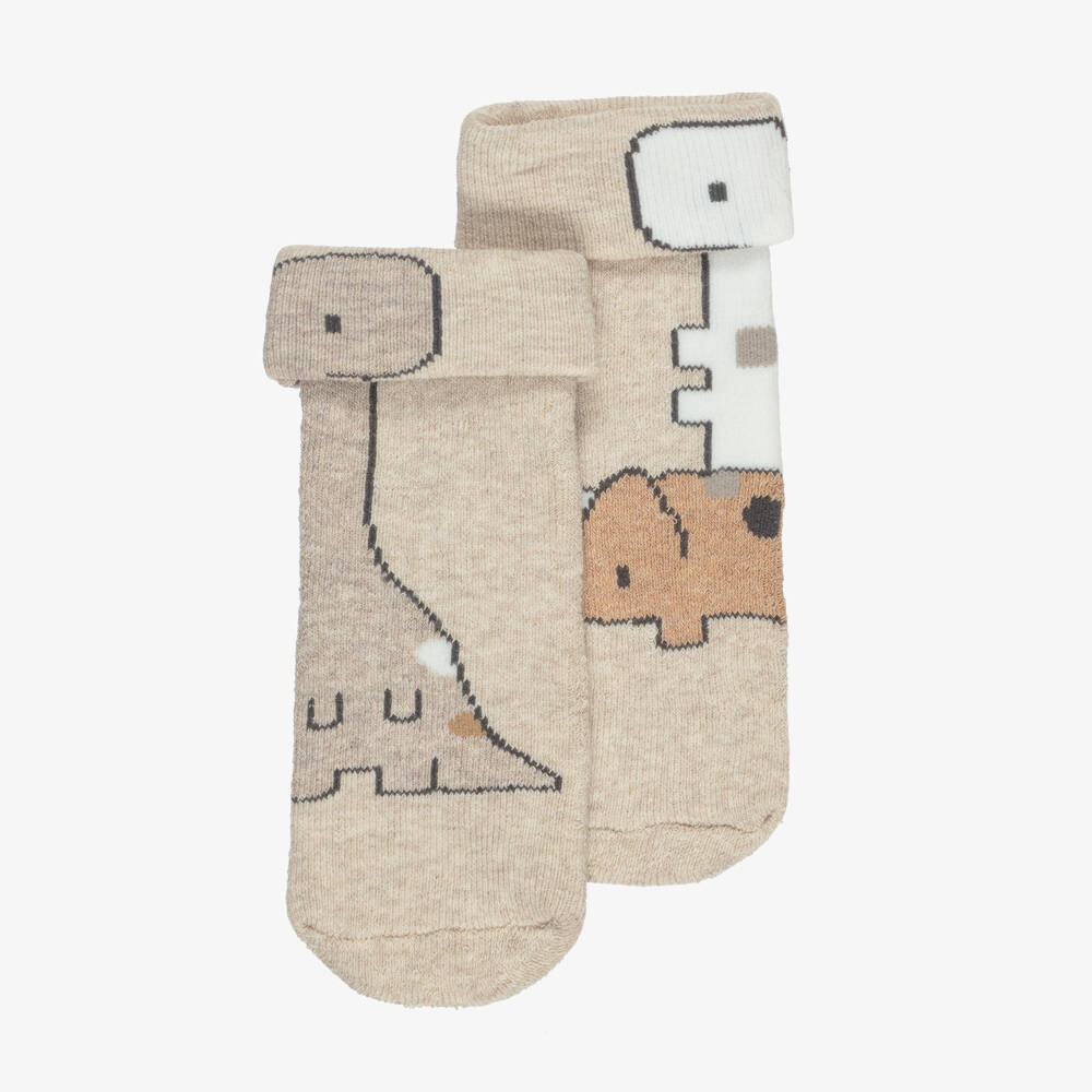 Mayoral Newborn-Beige Dinosaur Baby Socks with Grippy Feet | Childrensalon