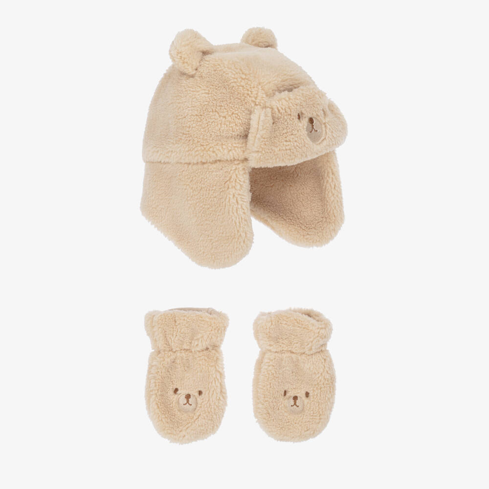 Mayoral-Beige Faux Fur Bear Hat & Mittens Set | Childrensalon