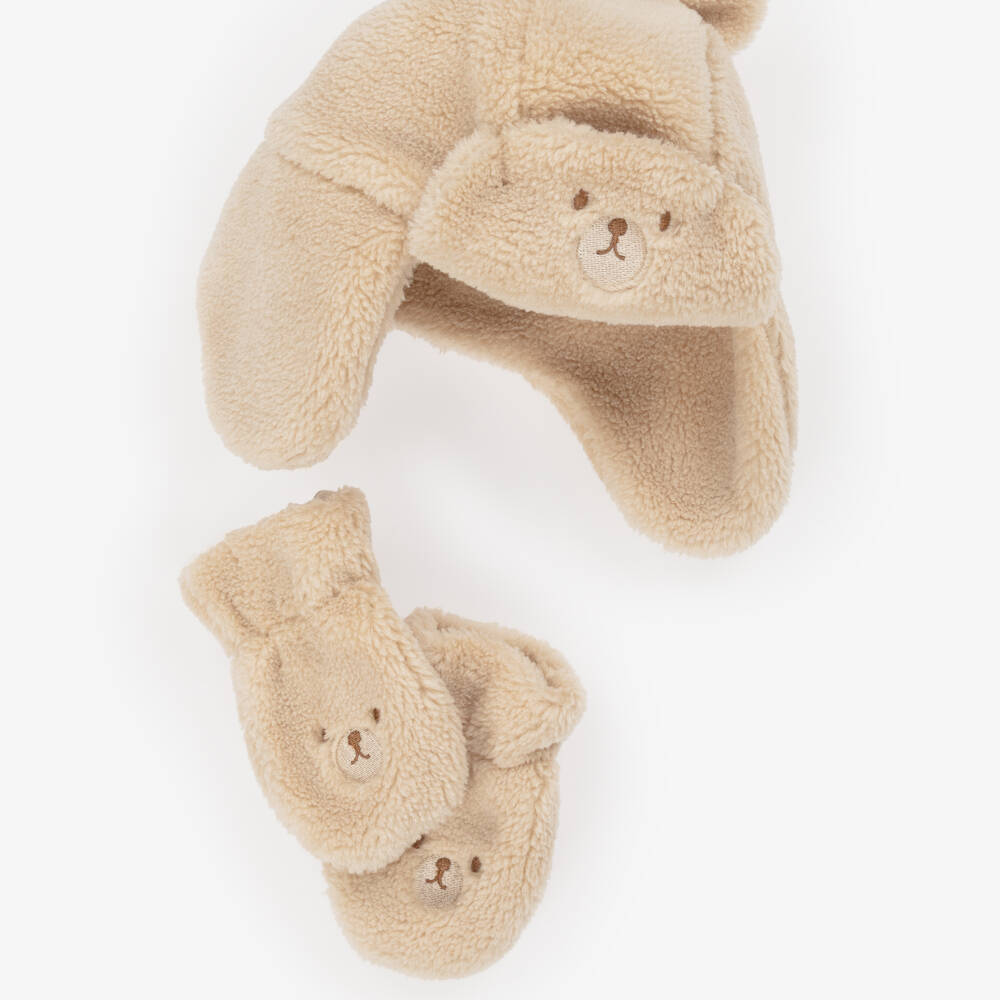 Mayoral-Beige Faux Fur Bear Hat & Mittens Set | Childrensalon
