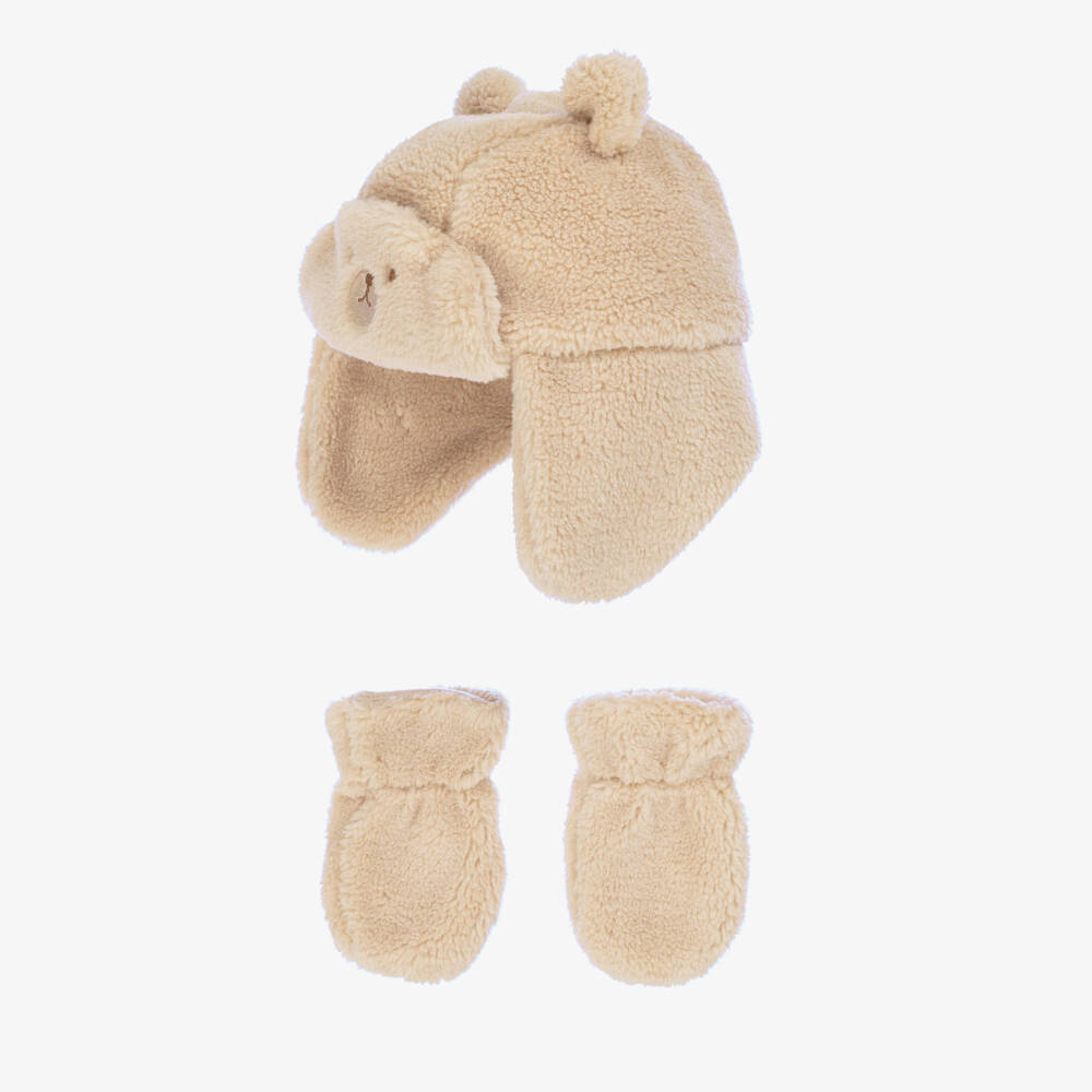 Mayoral-Beige Faux Fur Bear Hat & Mittens Set | Childrensalon