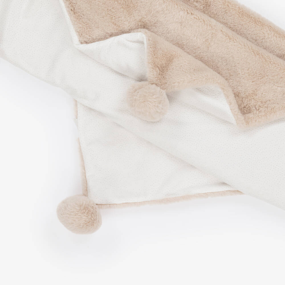 Mayoral Newborn-Beige Faux Fur & Pom-Pom Blanket (100cm) | Childrensalon