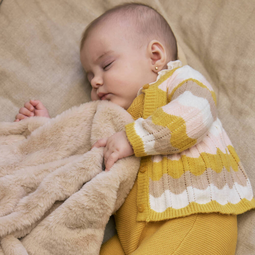 Mayoral Newborn-Beige Faux Fur & Pom-Pom Blanket (100cm) | Childrensalon