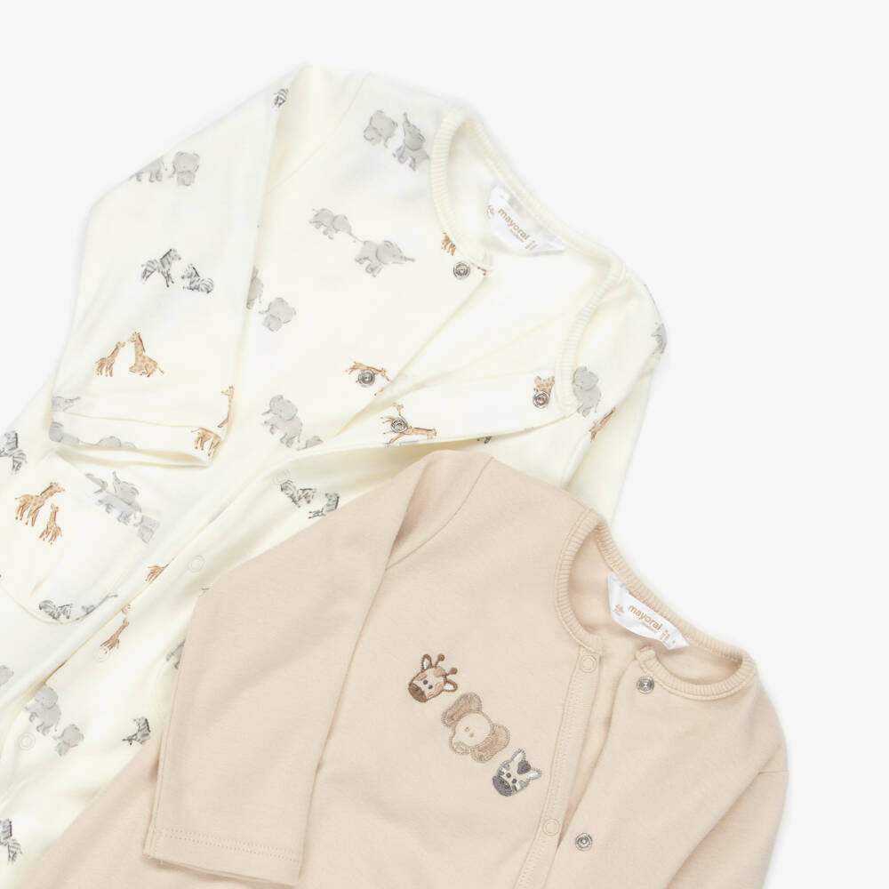 Mayoral Newborn-Beige & Ivory Cotton Safari Animal Babysuits (2 Pack) | Childrensalon
