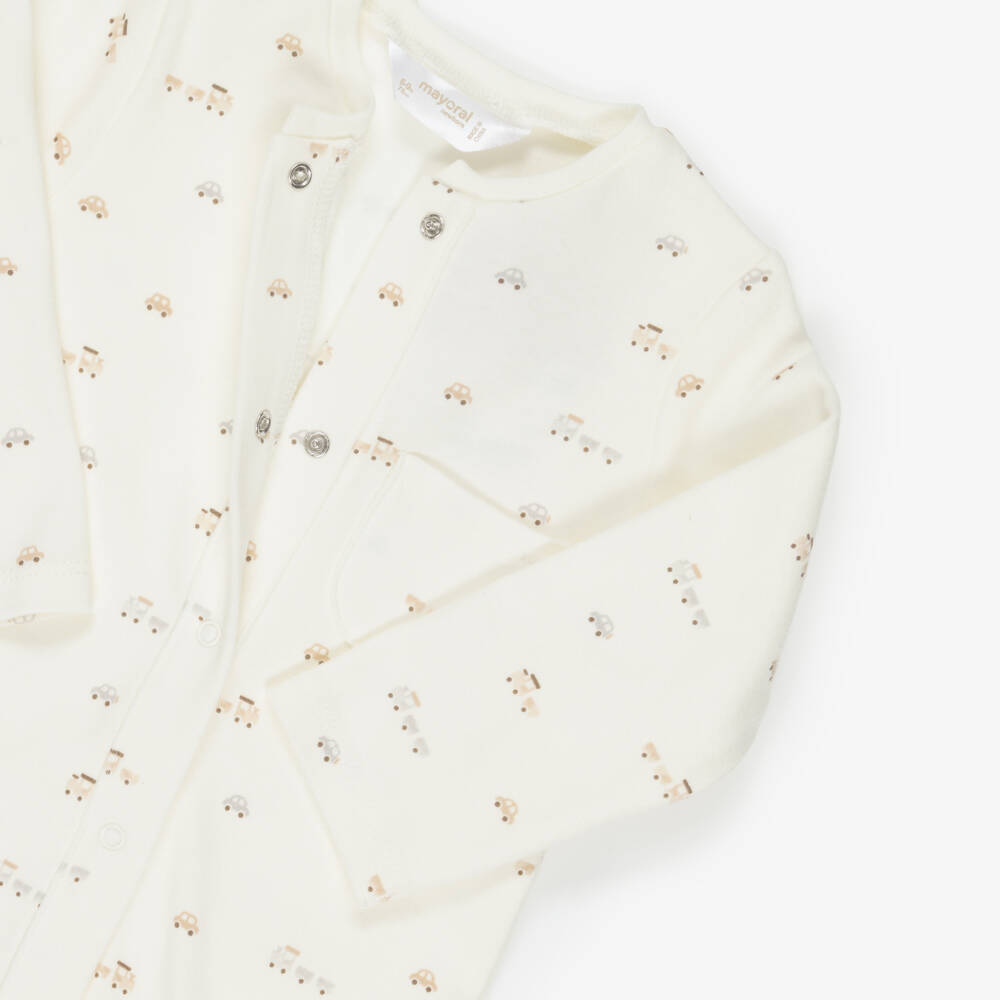 Mayoral Для новорожденных-Комбинезоны бежевый и кремовый из хлопка с поездами (2шт.) | Childrensalon