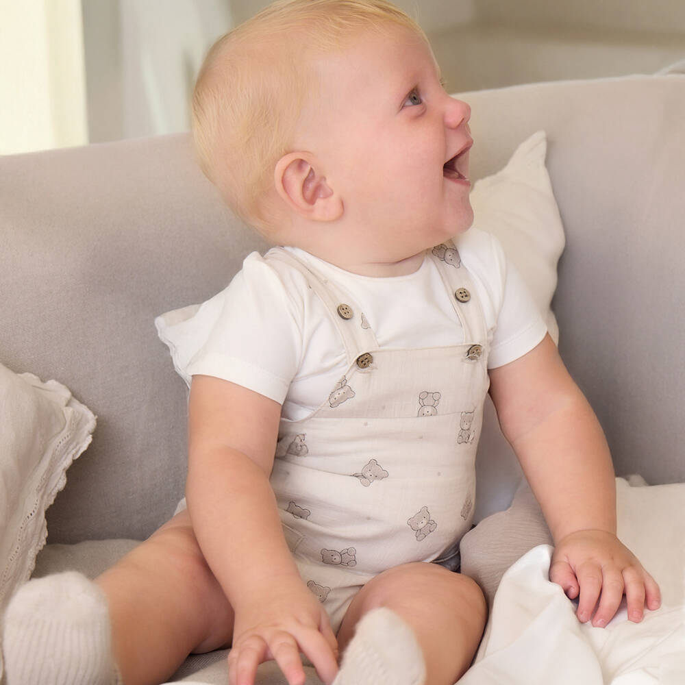 Mayoral Для новорожденных-Beige & Ivory Teddy Bear Print Dungaree Set | Childrensalon