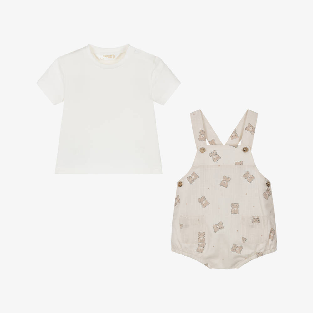 Mayoral Newborn-طقم دنغري بطبعة دب تيدي لون عاجي وبيج | Childrensalon