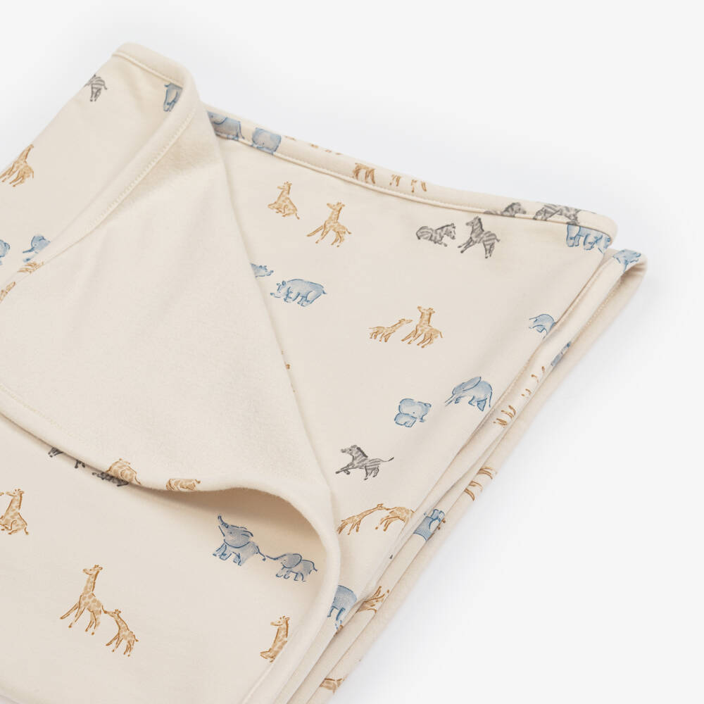 Mayoral Newborn-Beige Jersey Blanket with Blue Elephants (90cm) | Childrensalon