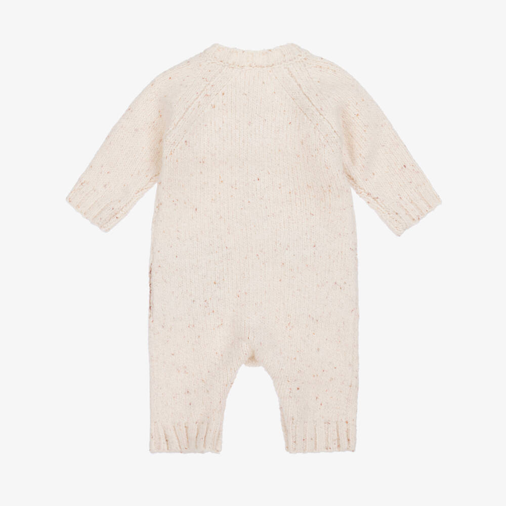 Mayoral Newborn-Beige Ribbed Knit Romper with Snail Motif | Childrensalon