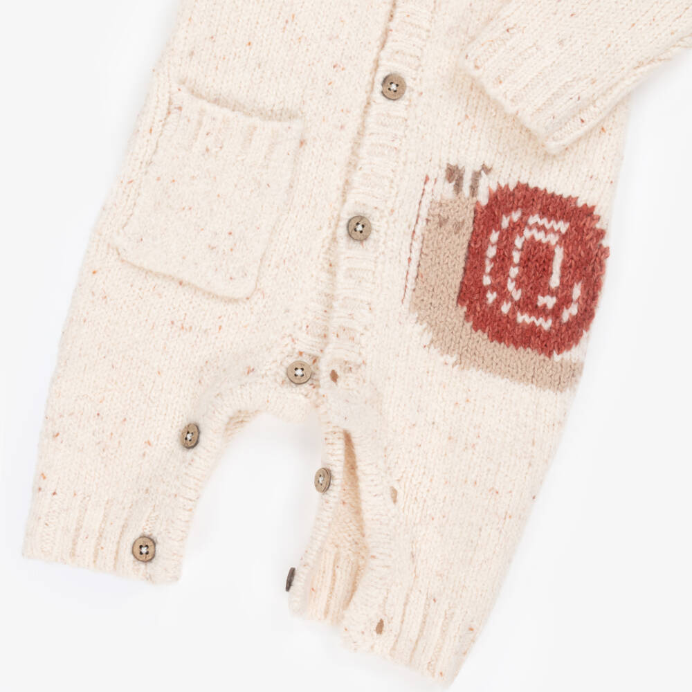 Mayoral Newborn-Beige Ribbed Knit Romper with Snail Motif | Childrensalon