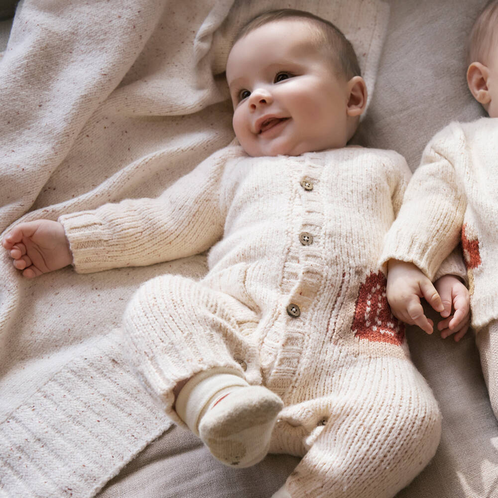 Mayoral Newborn-Beige Ribbed Knit Romper with Snail Motif | Childrensalon