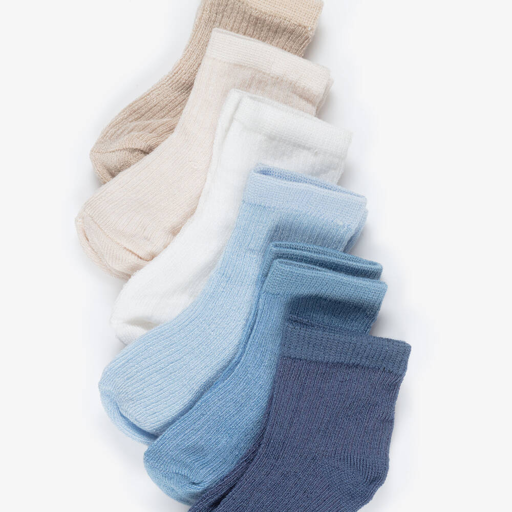 Mayoral Newborn-Blue & Beige Baby Socks (6 Pack) | Childrensalon