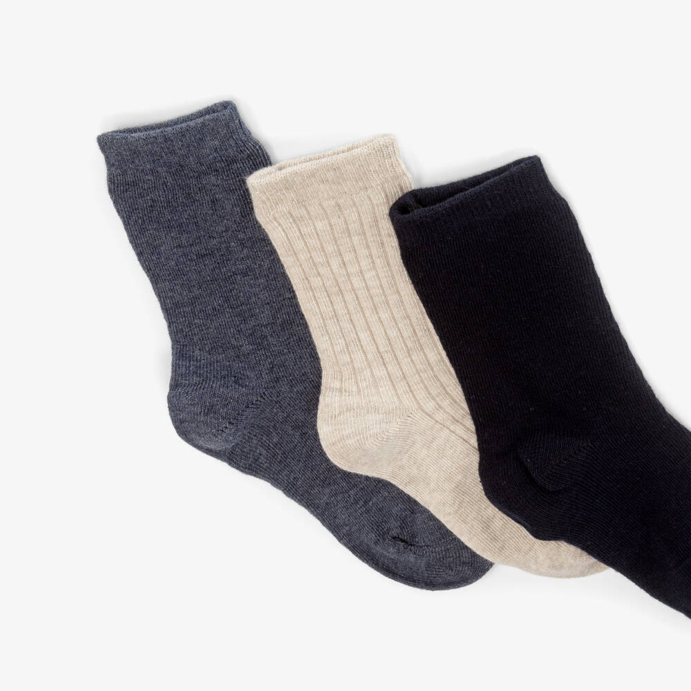 Mayoral-Blue & Beige Knitted Ankle Length Socks (3 Pack) | Childrensalon
