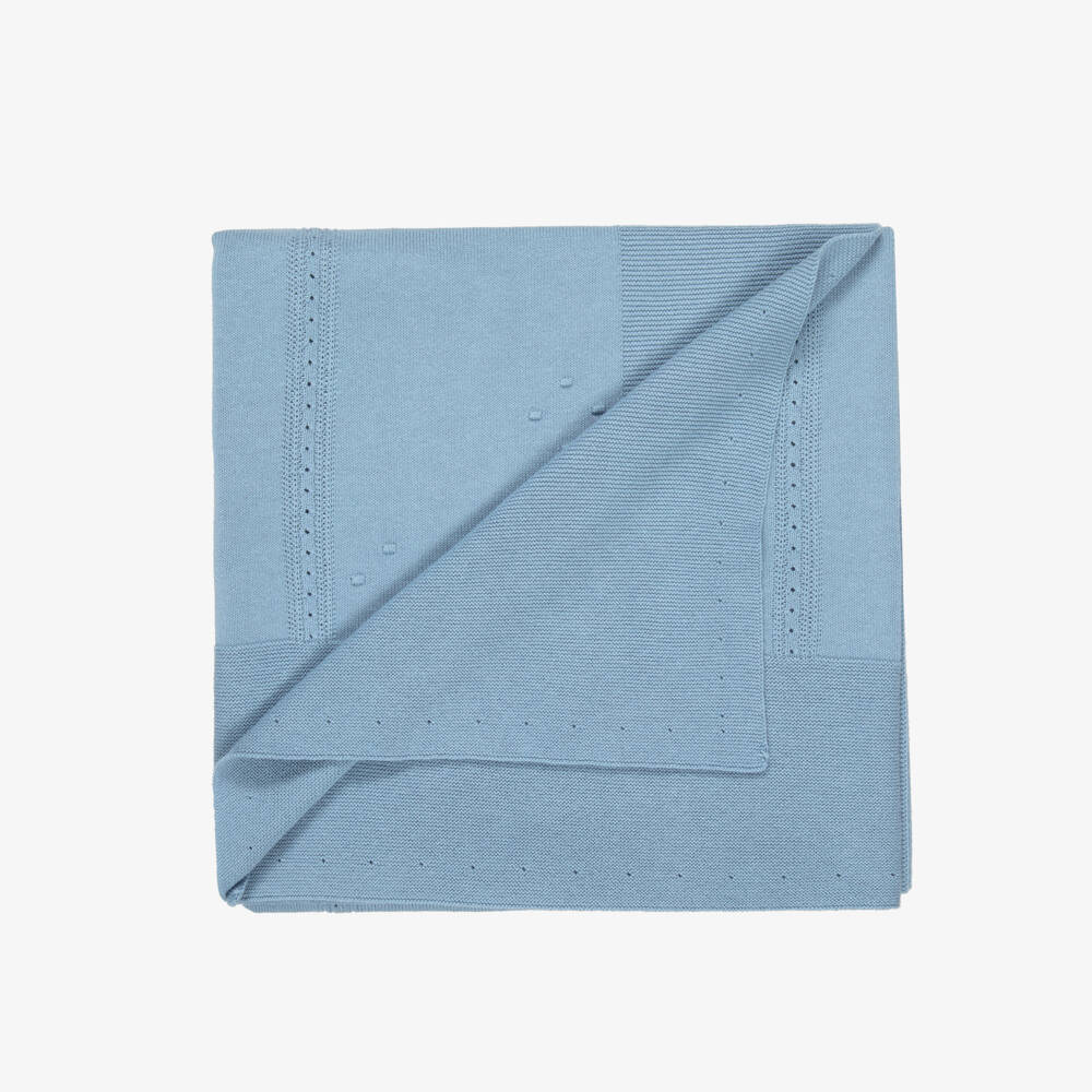 Mayoral Для новорожденных-Blue Cotton Knit Blanket with Ribbed Border (90cm) | Childrensalon