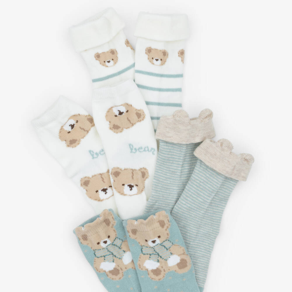 Mayoral Newborn-Blue & Ivory Baby Socks with Teddy Bears (4 Pack) | Childrensalon