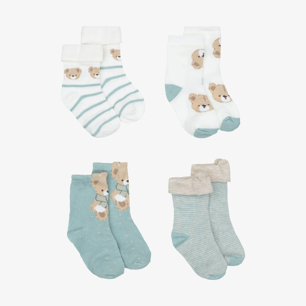 Mayoral Newborn-Blue & Ivory Baby Socks with Teddy Bears (4 Pack) | Childrensalon