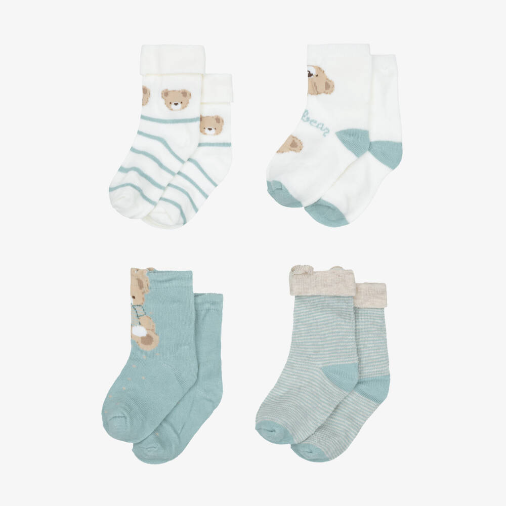Mayoral Newborn-Blue & Ivory Baby Socks with Teddy Bears (4 Pack) | Childrensalon