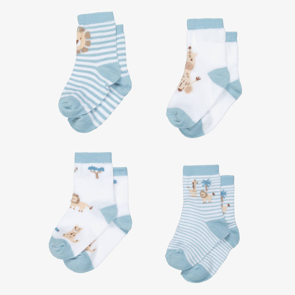 Mayoral Newborn-Blue & White Safari Cotton Baby Socks (4 Pack) | Childrensalon
